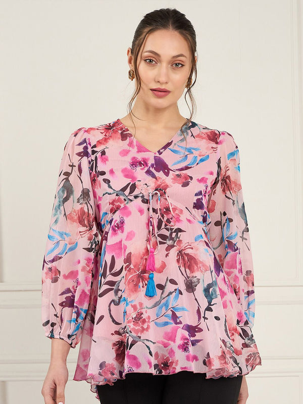 Antheaa Floral Print Puff Sleeve Chiffon Empire Top
