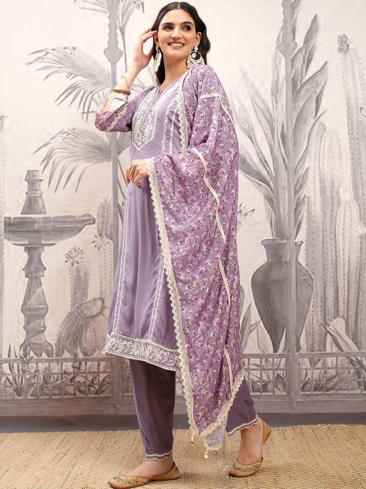 Vishudh Purple Embroidered Notch Neck Thread Work Straight Kurta With Trousers & Dupatta