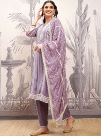 Vishudh Purple Embroidered Notch Neck Thread Work Straight Kurta With Trousers & Dupatta