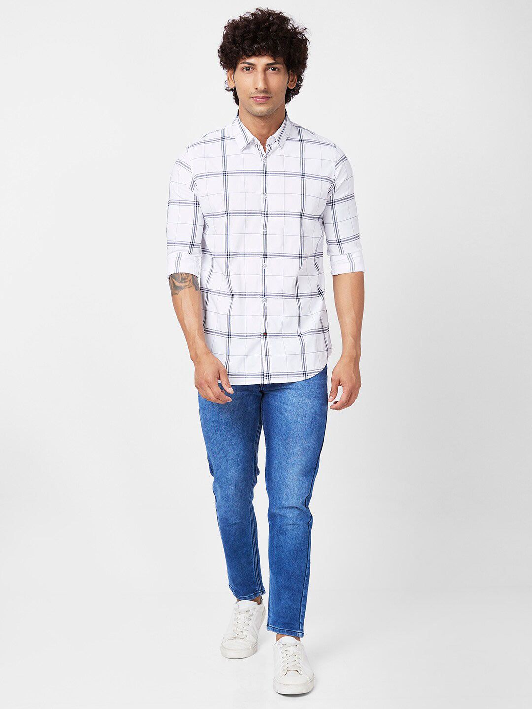 SPYKAR Slim Fit Windowpane Checked Button-Down Collar Cotton Casual Shirt