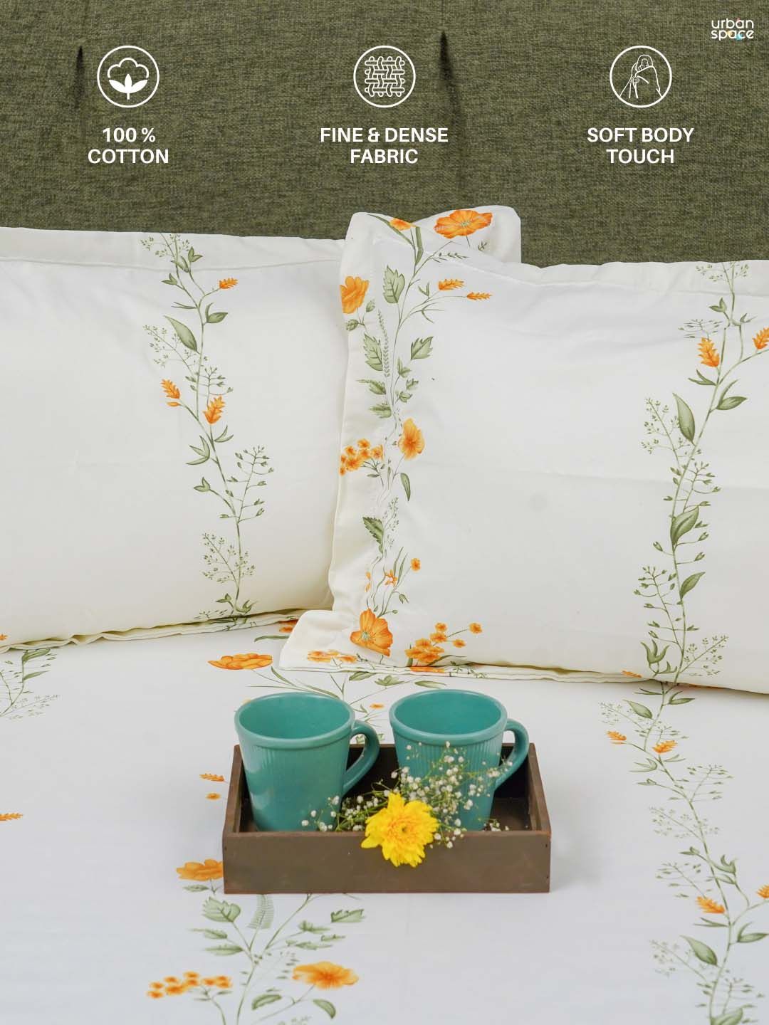 URBAN SPACE Serene Yellow Floral Printed Cotton 200 TC Queen Bedsheet with 2 Pillow Covers