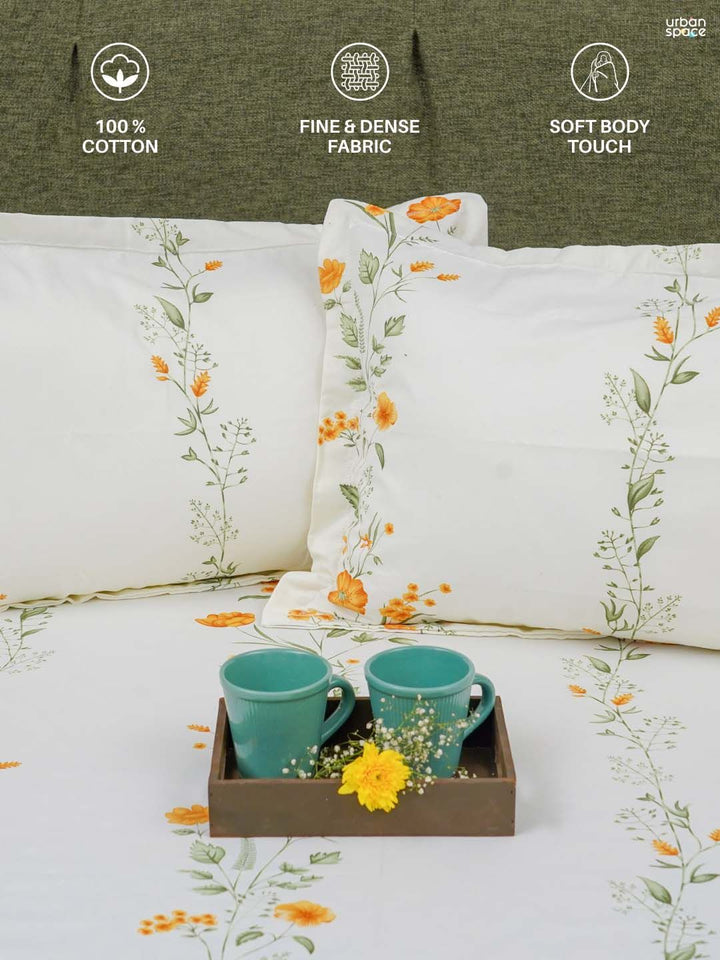 URBAN SPACE Serene Yellow Floral Printed Cotton 200 TC Queen Bedsheet with 2 Pillow Covers