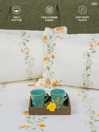 URBAN SPACE Serene Yellow Floral Printed Cotton 200 TC Queen Bedsheet with 2 Pillow Covers