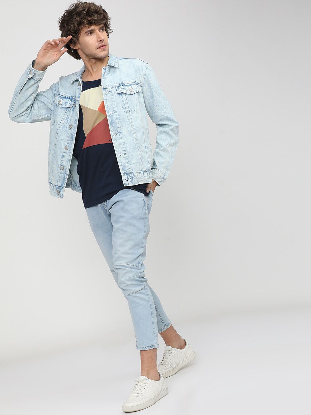HIGHLANDER Men Blue Washed Colourblocked Denim Jacket