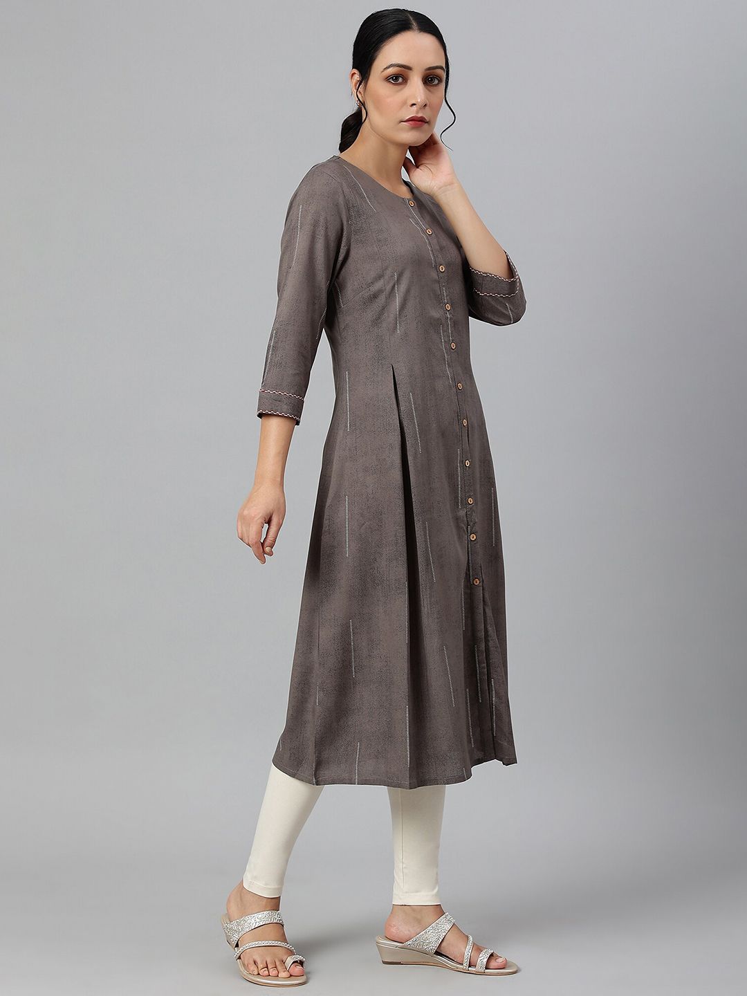 W Women Charcoal Grey Button Down Pleated Kurta