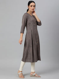 W Women Charcoal Grey Button Down Pleated Kurta