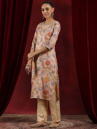 Libas Floral Printed Round Neck Regular Thread Work Organza Kurta With Trousers & Dupatta