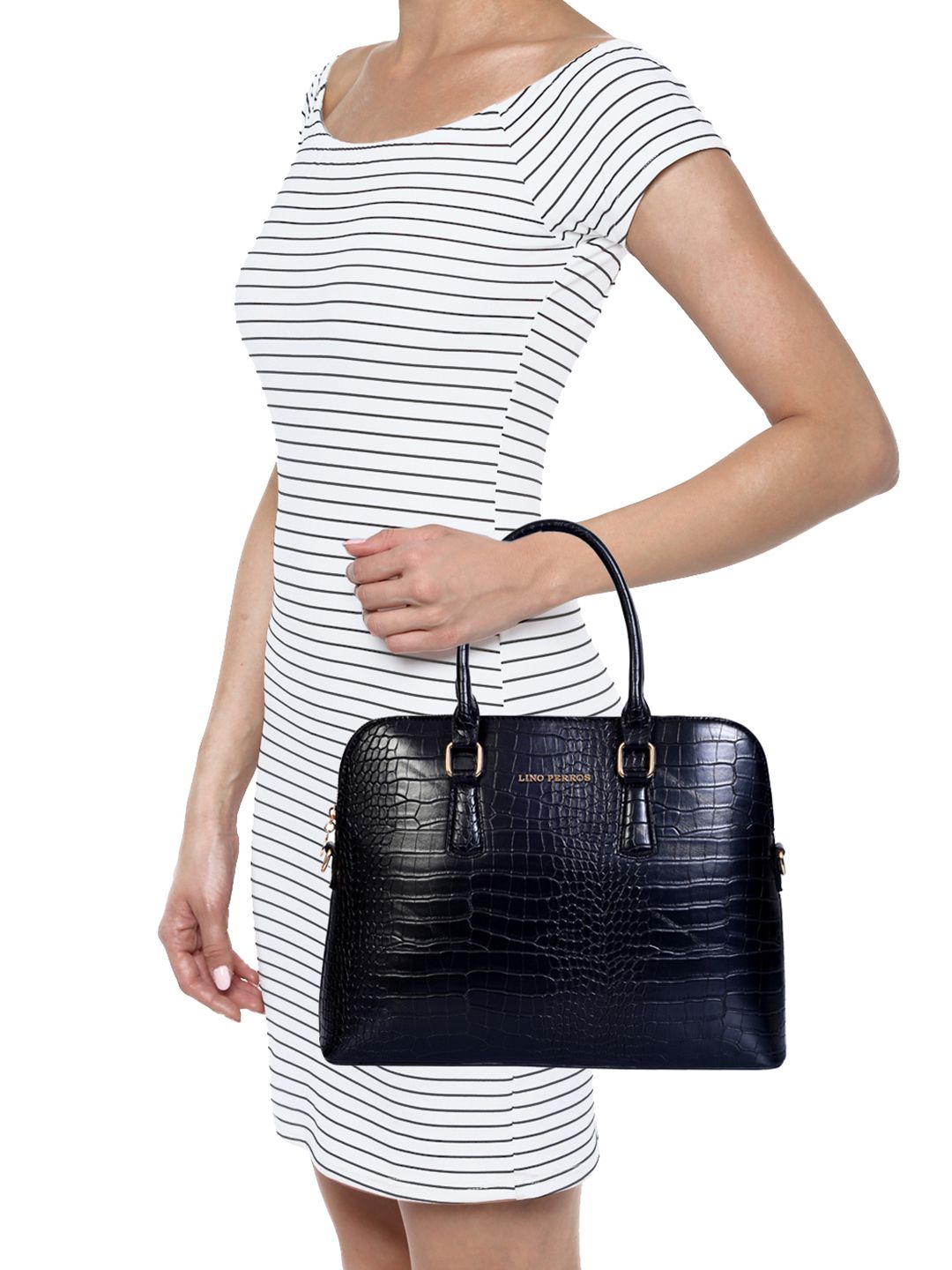 Lino Perros Women Black Croc-Textured Laptop Bag with Detachable Sling Strap