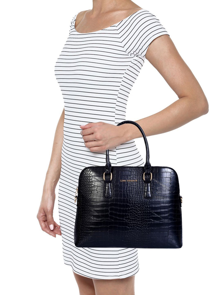 Lino Perros Women Black Croc-Textured Laptop Bag with Detachable Sling Strap