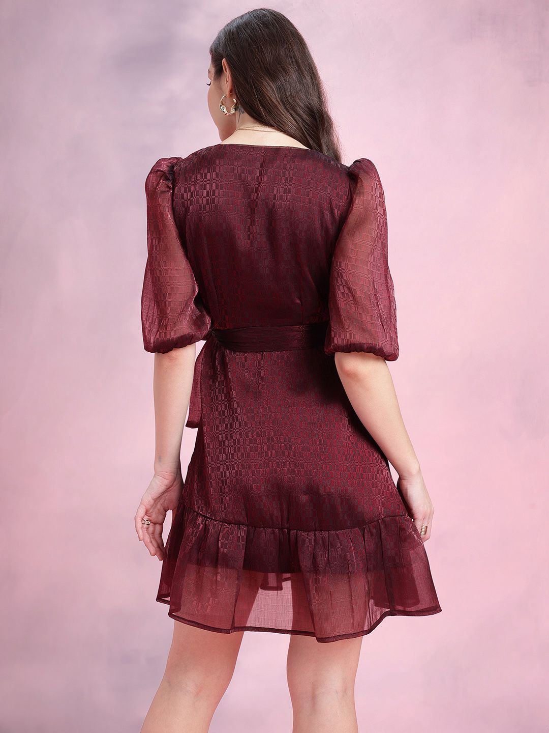 DressBerry Geometric Self-Design Puff Sleeves Party Fit & Flare Dress with Belt