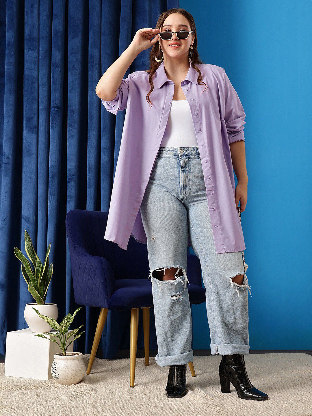 CURVY STREET Comfort Spread Collar Oversized Pure Cotton Shirt