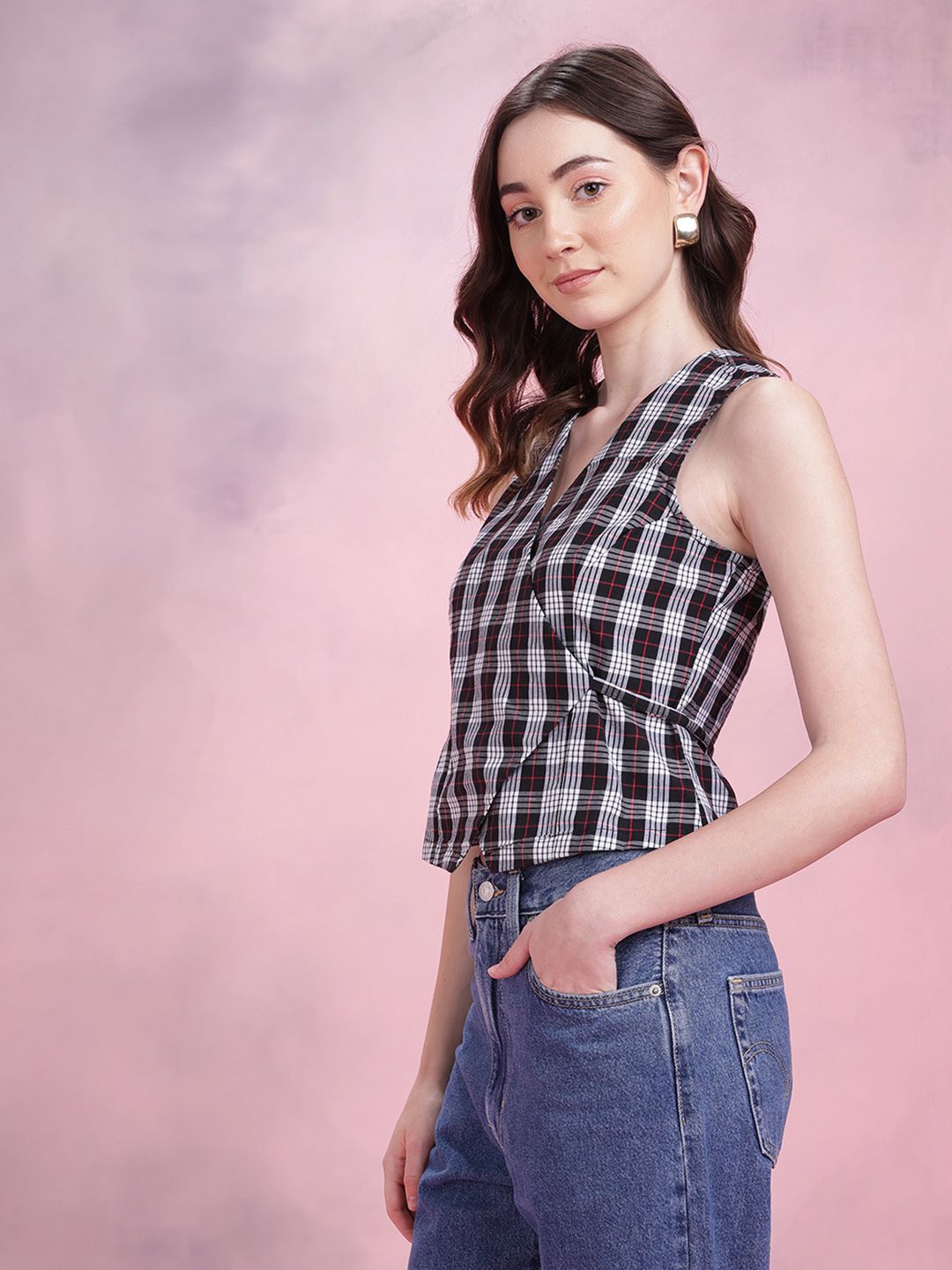 DressBerry Tartan Checked Wrap Regular Top with Tie-ups