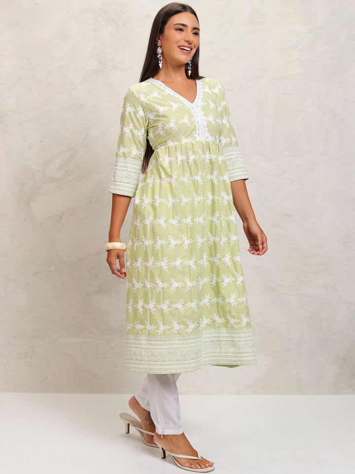 Vishudh Lime Green Floral Embroidered Thread Work Pleated A-Line Kurta