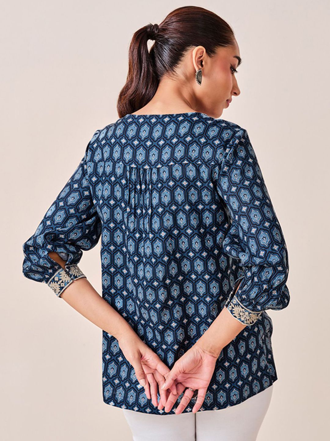 Global Desi viscose keyhole neck cuffed sleeves geometric printed A-Line Top
