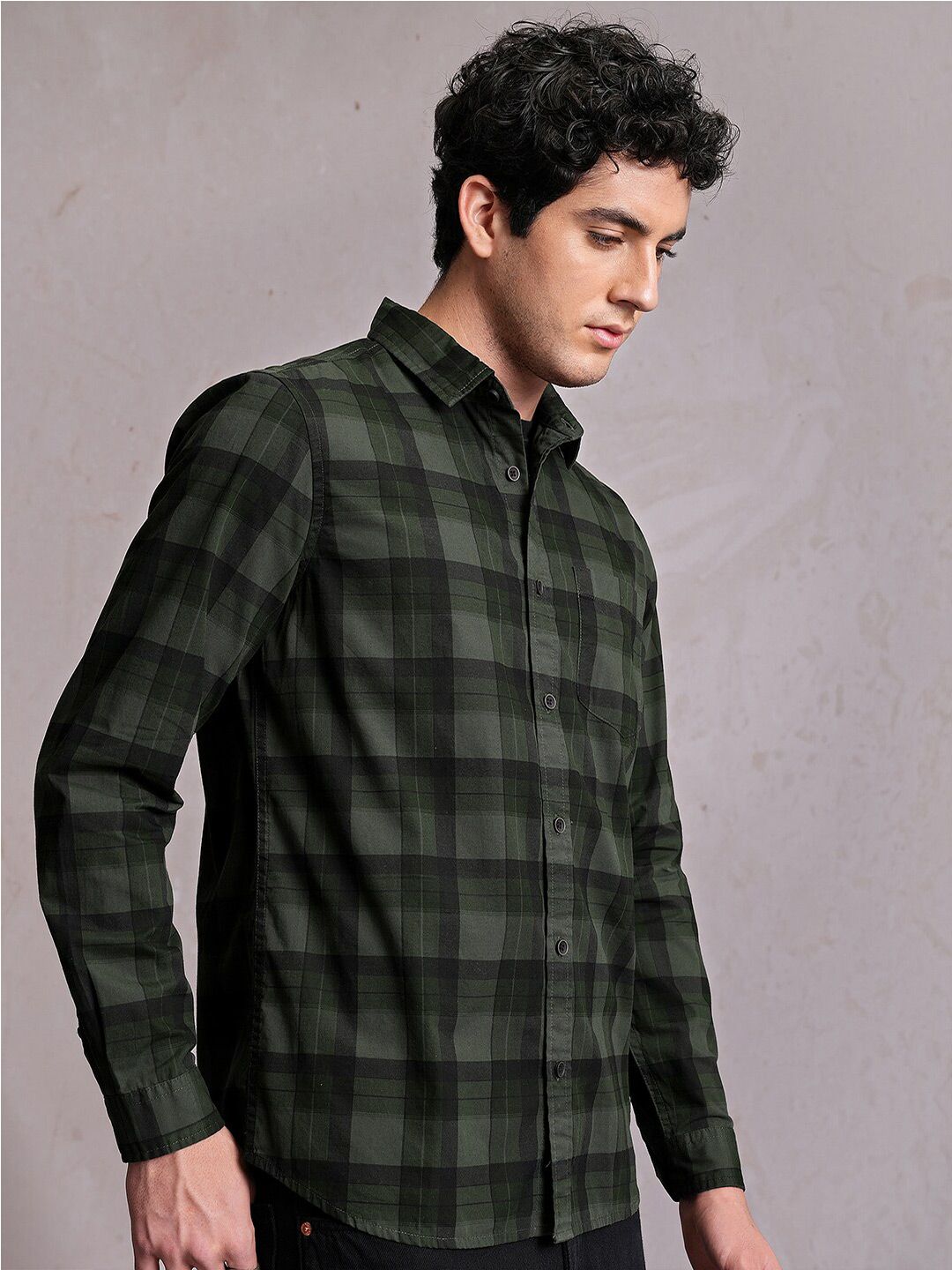 Locomotive Men Green Checked Regular Shirt