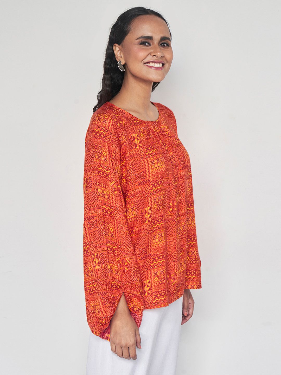 Global Desi Abstract Printed Puff Sleeves Top