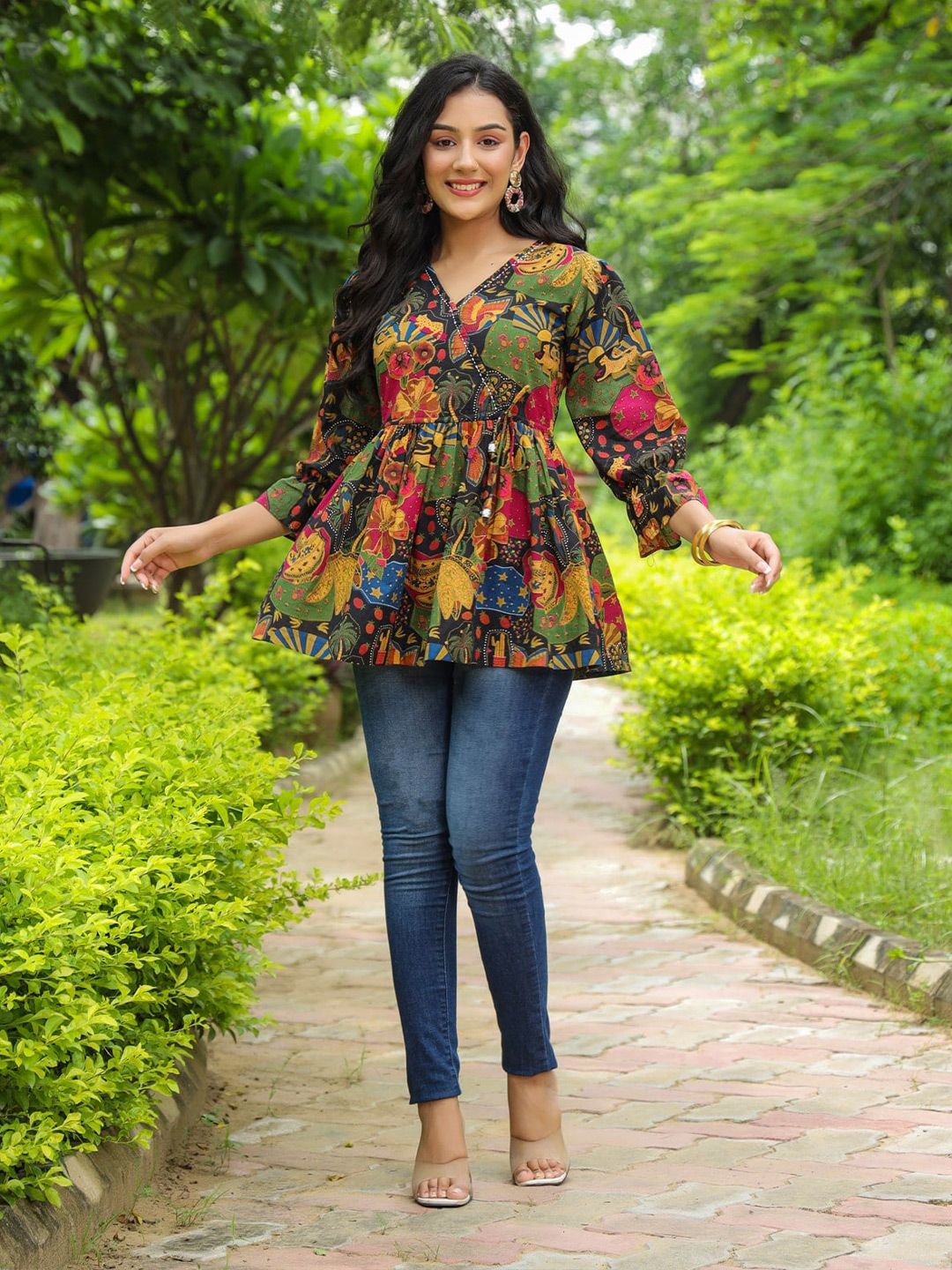 Rain & Rainbow Floral Printed Bell Sleeve Cotton Empire Top