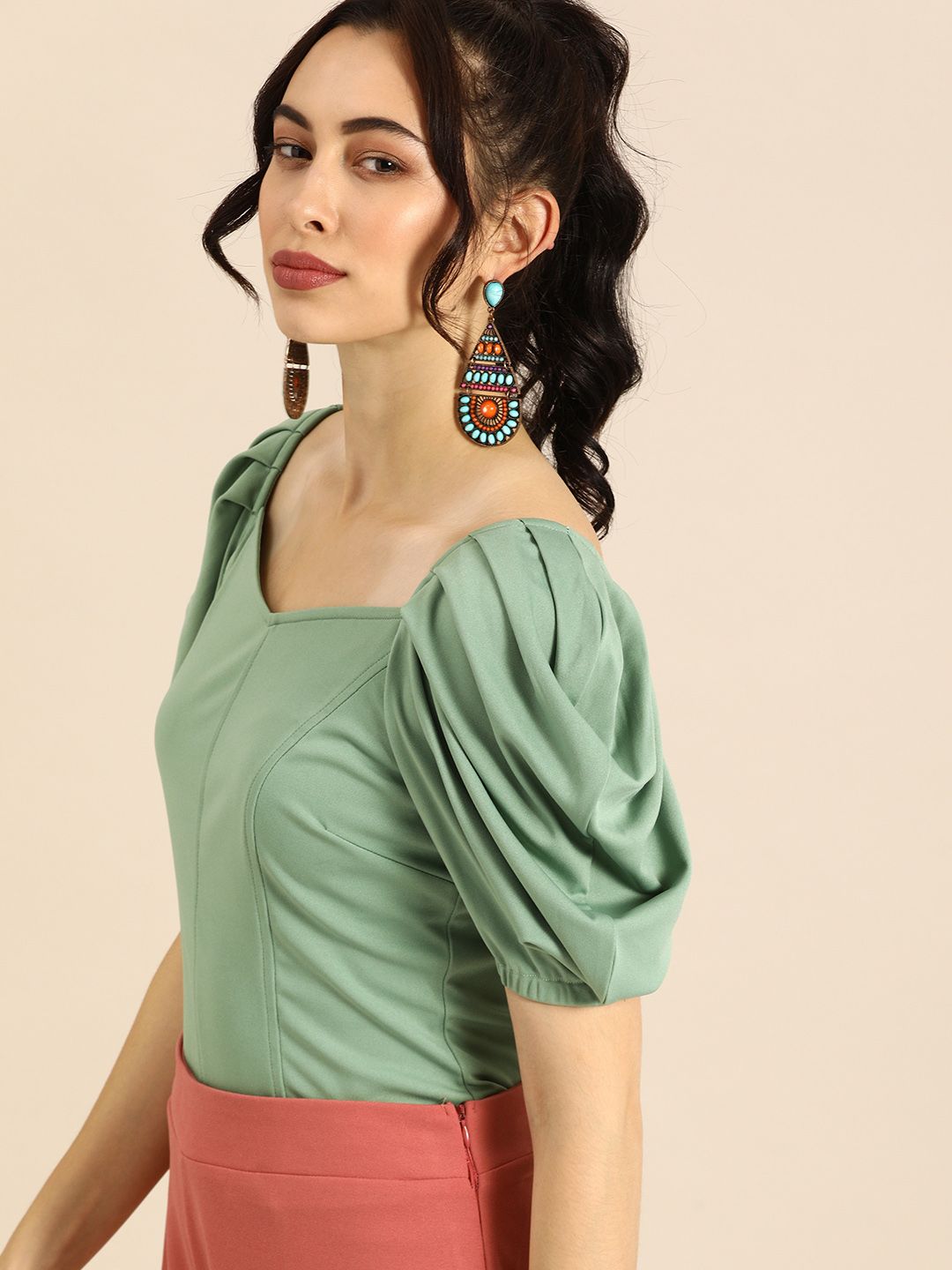 Athena Stylish Mint Green Power Shoulders Top
