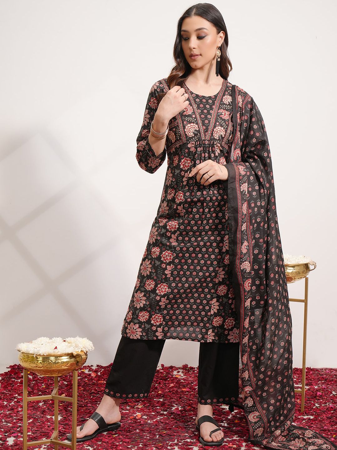 Vishudh Floral Printed Angrakha Pure Cotton Kurta with Trousers & With Dupatta