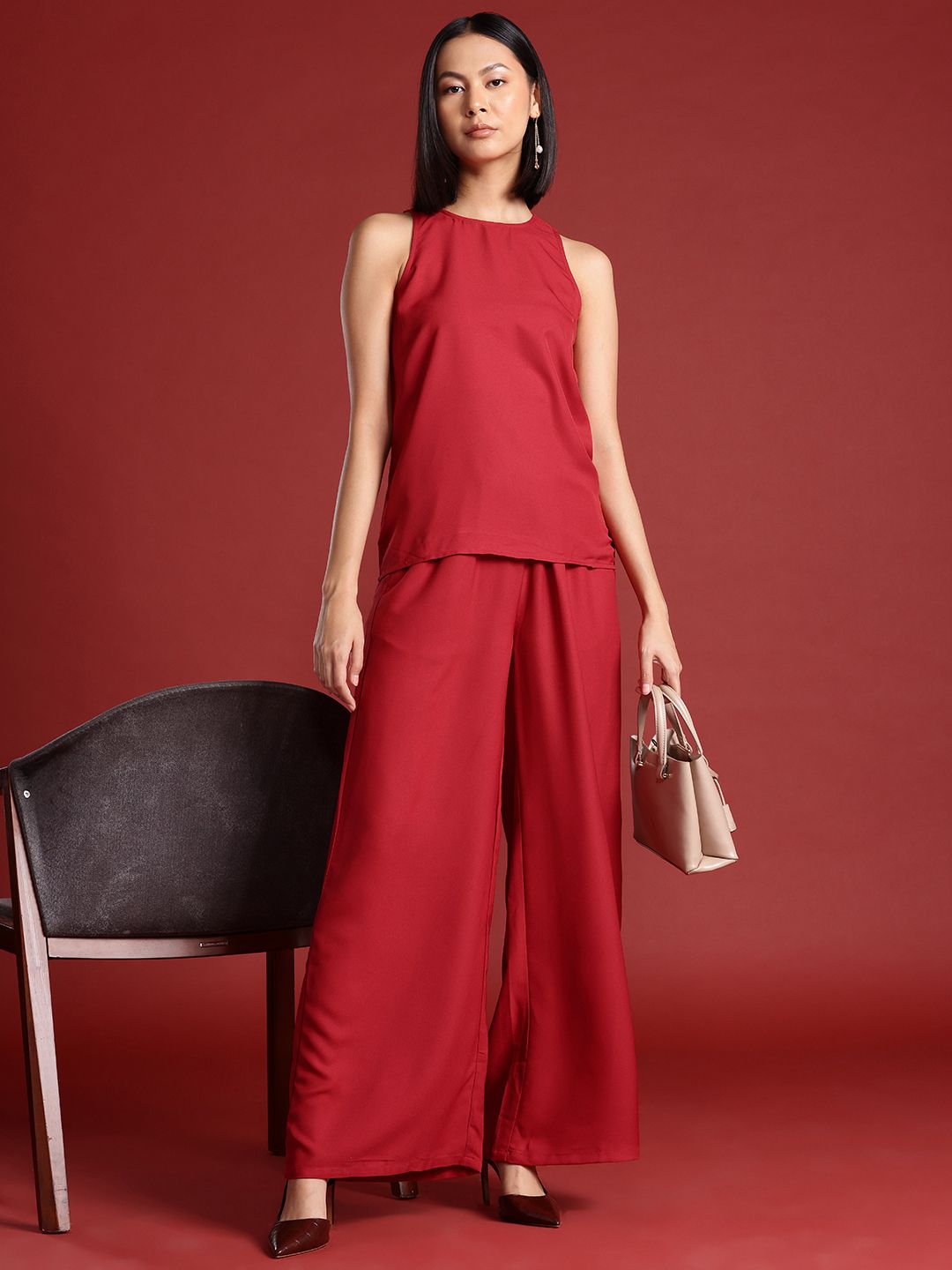 all about you Women Round Neck Flared Leg Co-Ords