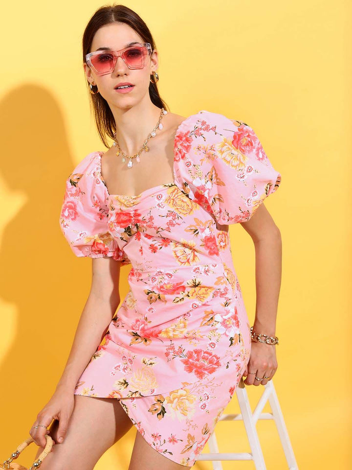 Tokyo Talkies Pink Floral Printed Puff Sleeves Ruched Cotton Sheath Dress