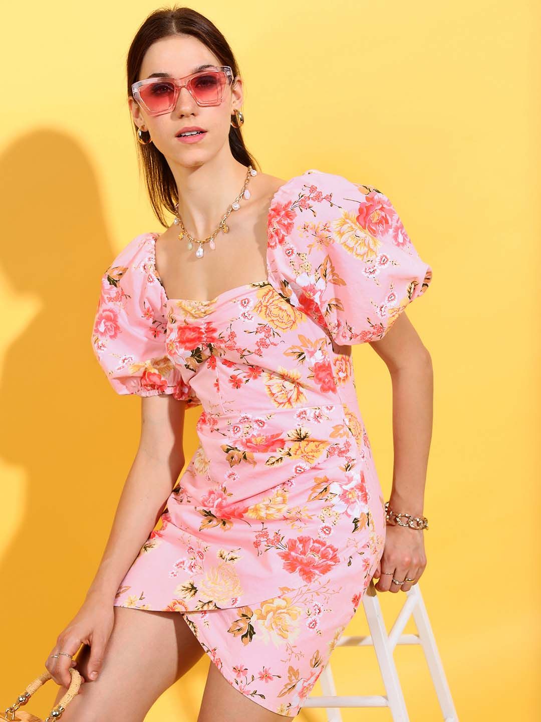 Tokyo Talkies Pink Floral Printed Puff Sleeves Ruched Cotton Sheath Dress