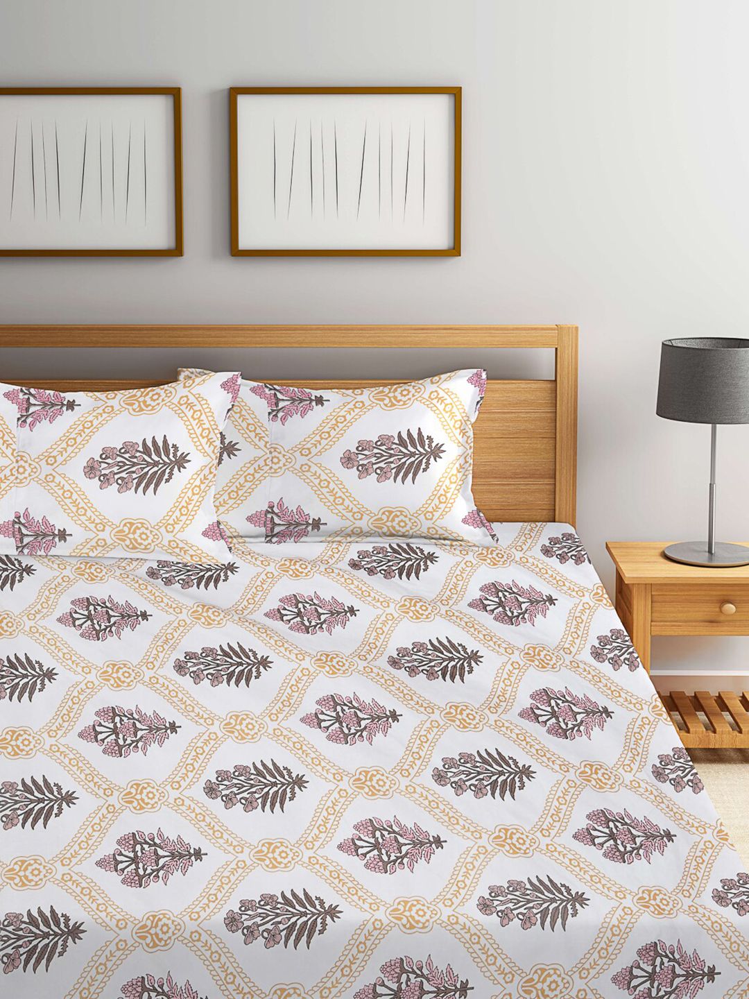 KLOTTHE White Floral Cotton 300 TC King Fine Bedsheet with 2 Pillow Covers-250 x 225 cm