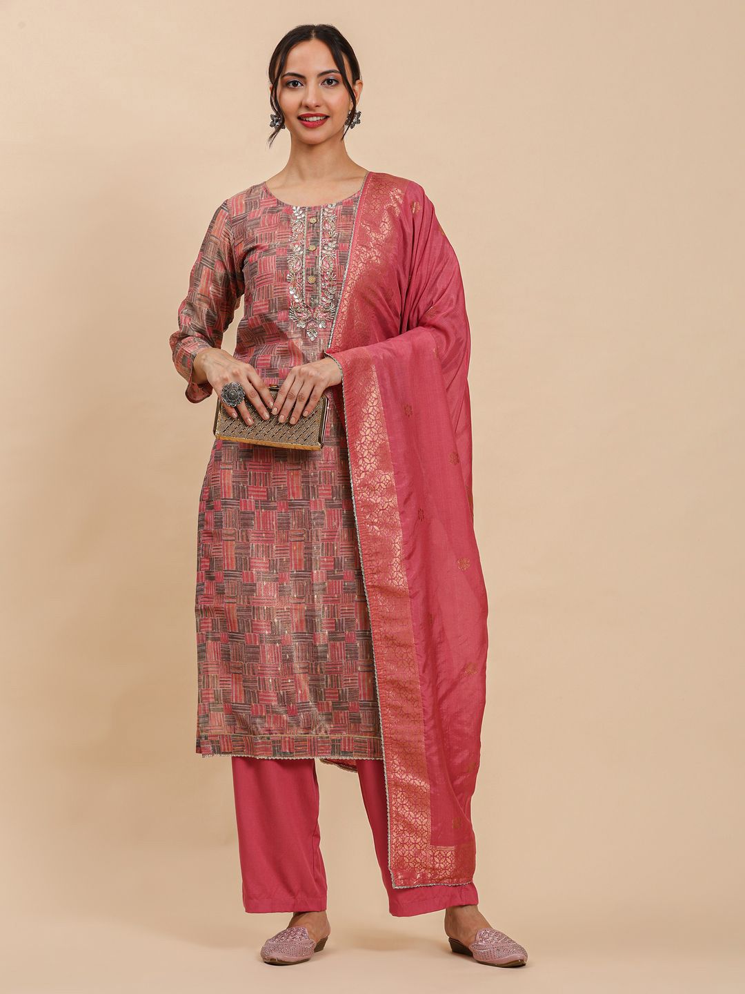 Mamicha Women Self Design Round Neck Kurti With Trousers And Dupatta