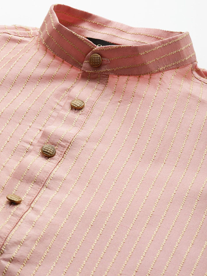 SOJANYA Men Pink & Beige Thread Work Straight Kurta Churidar dengan Jaket Nehru