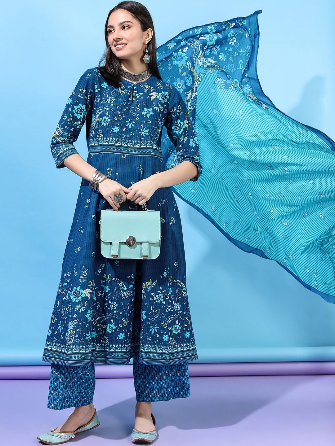 Vishudh Women Blue Ethnic Motifs  High Slit Pure Kurta With Palazzo & With Dupatta