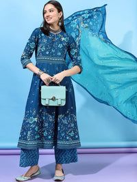 Vishudh Women Blue Ethnic Motifs  High Slit Pure Kurta With Palazzo & With Dupatta