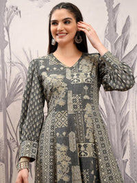 Vishudh Ethnic Motifs Printed V-Neck Puff Cuffed SleevesCotton A-Line Midi Dress