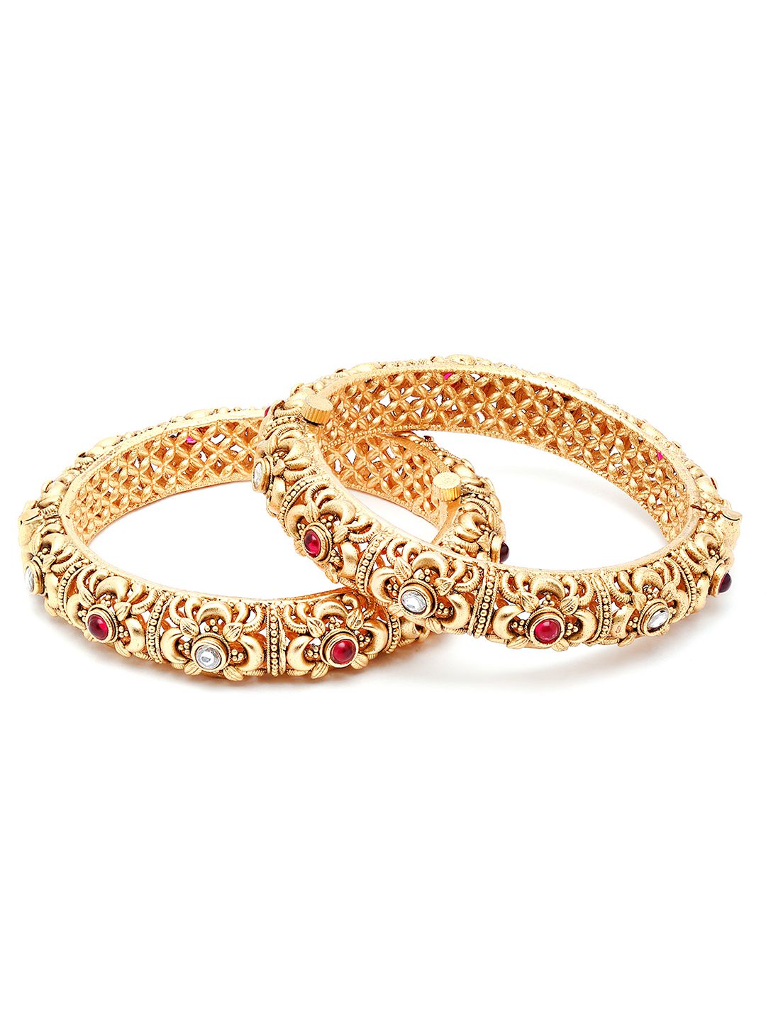 KARATCART Set Of 2 Gold-Plated White & Red Kundan-Studded Temple Bangles