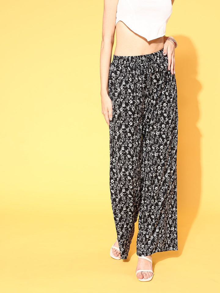 Berrylush Women Classic Black Floral Roman Column Trousers
