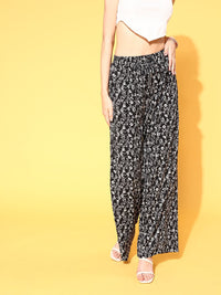 Berrylush Women Classic Black Floral Roman Column Trousers
