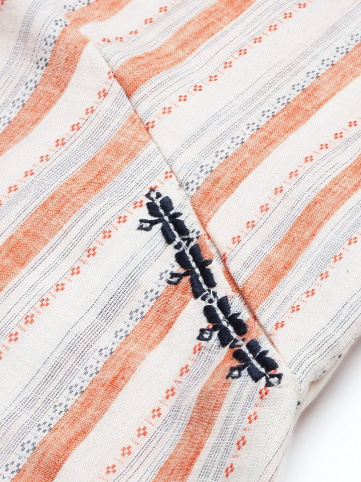 Global Desi Coral & White Shirt Collar Striped Tunic
