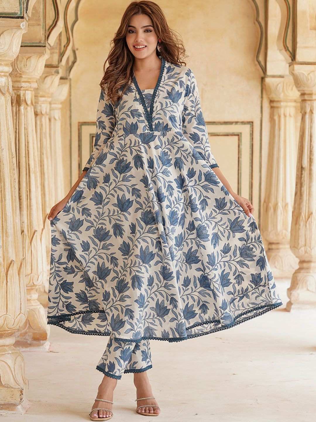 KALINI Floral Printed Square Neck Pure Cotton Anarkali Kurta with Trousers & Dupatta