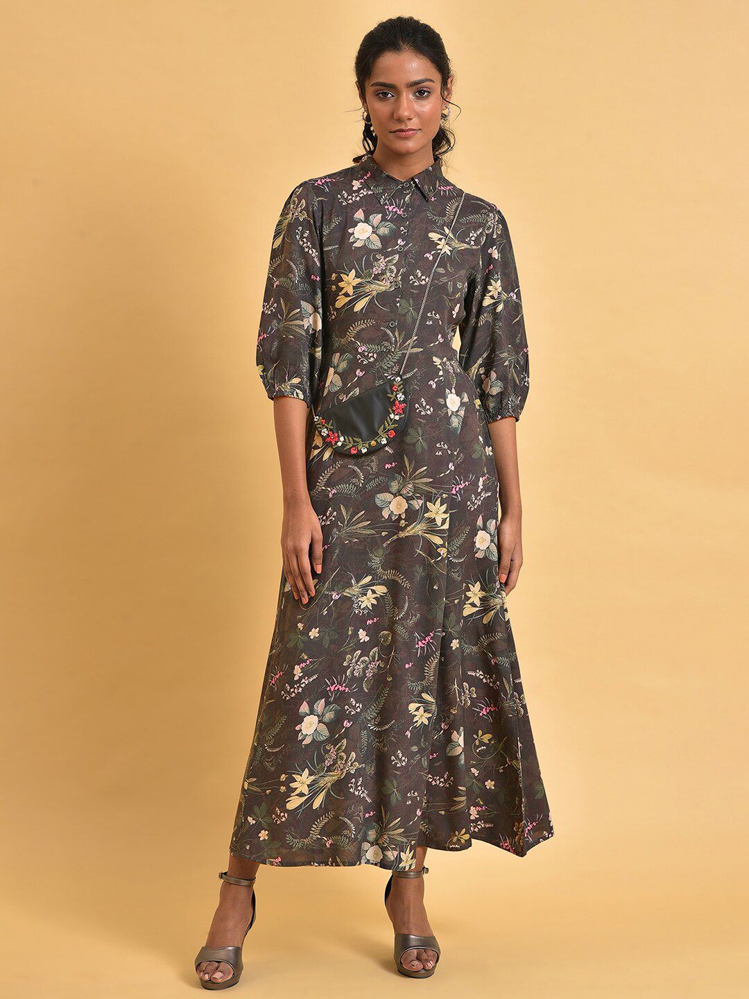 W Shirt Collar Floral Maxi Dress