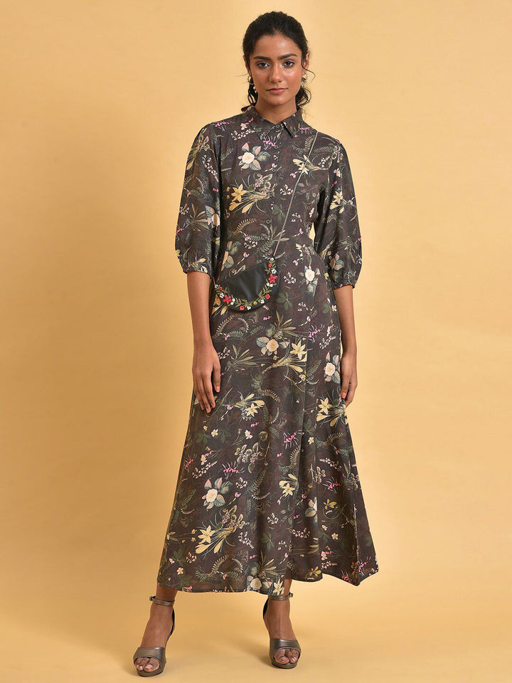 W Shirt Collar Floral Maxi Dress