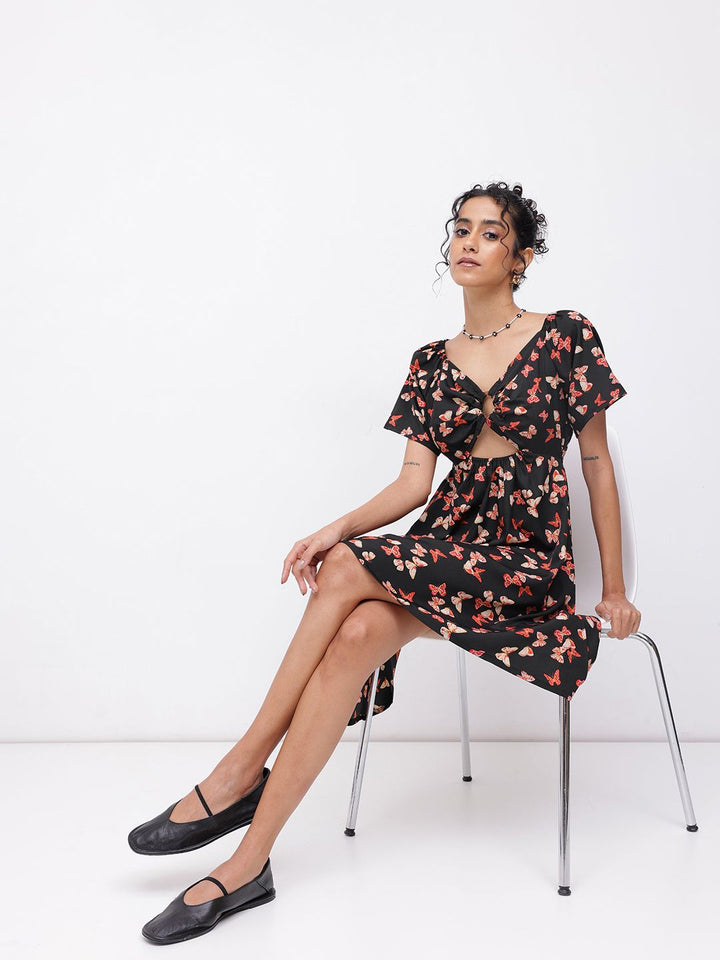 DressBerry Glowing Papillon Print Cut-Out Dress