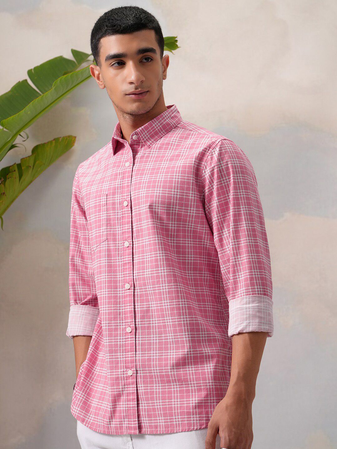 HIGHLANDER Classic Pink Slim Fit Tartan Checked Spread Collar Cotton Casual Shirt