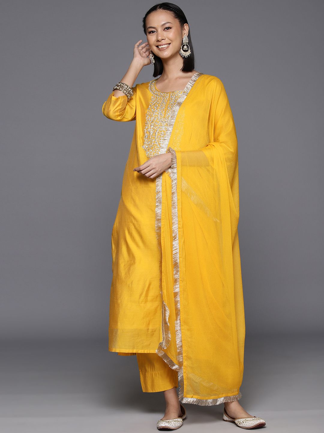 Varanga Women Ethnic Motifs Embroidered Chanderi Silk Kurta with Trousers & With Dupatta