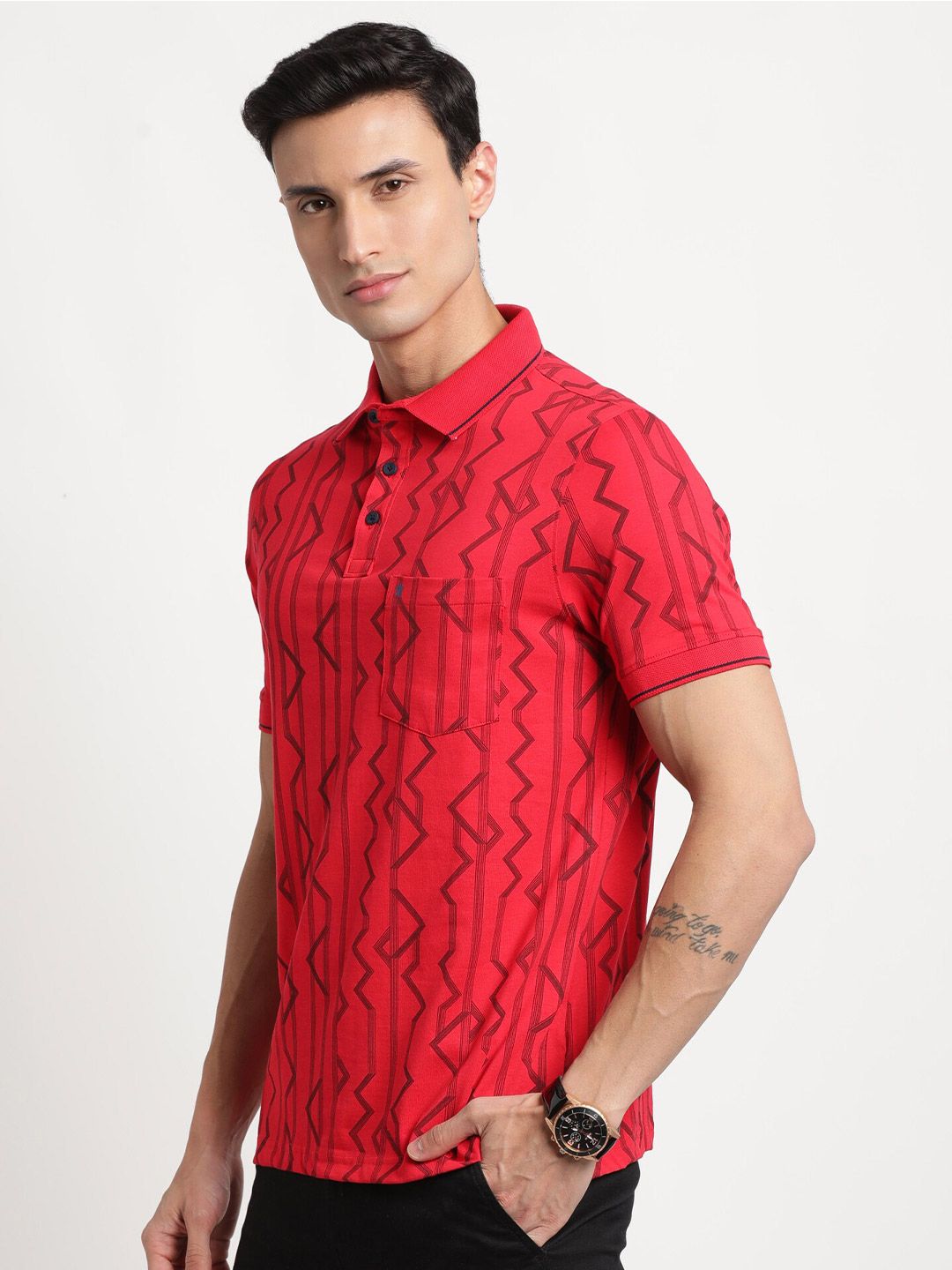 Turtle Slim Fit Geometric Printed Polo Collar Cotton T-Shirt