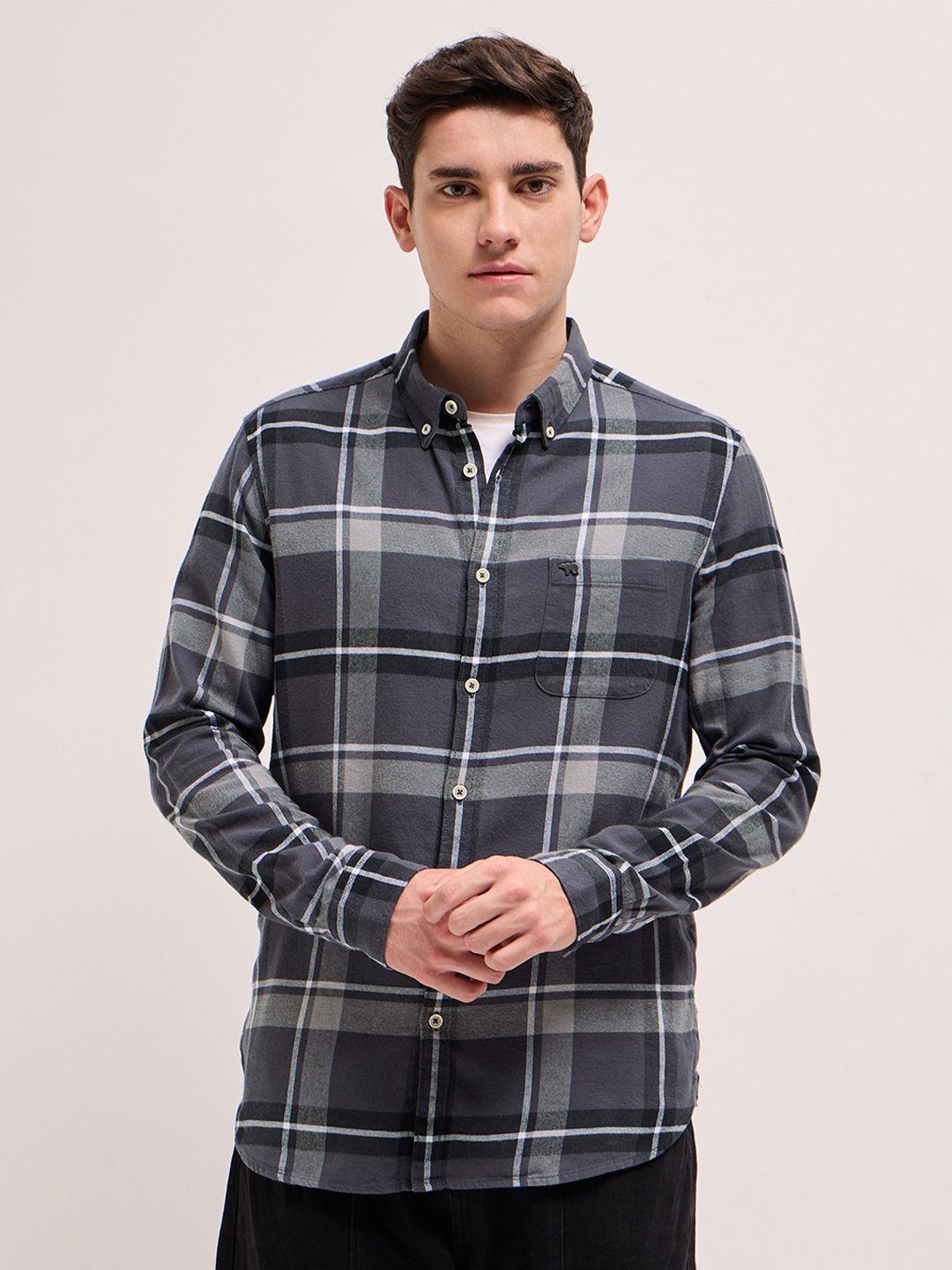 THE BEAR HOUSE Men Grey Flannel Slim Fit Pure Cotton Checked Casual Shirt