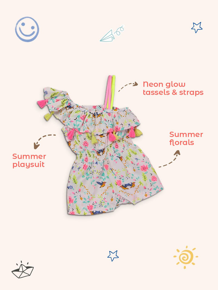 Nauti Nati Girls White & Pink Printed One Shoulder Jumpsuit With Tassels