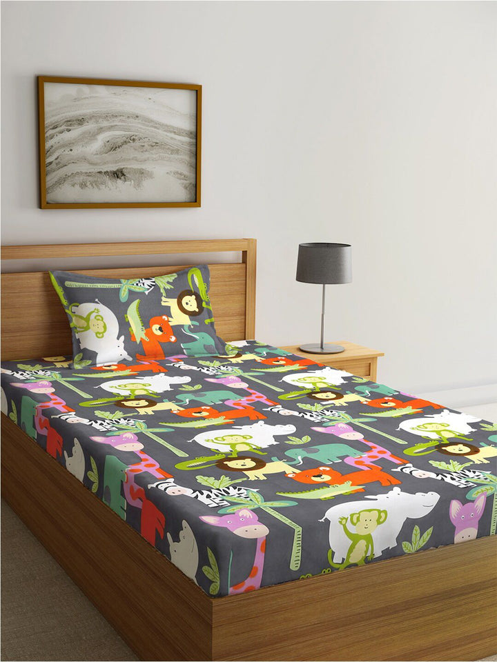 KLOTTHE Polycotton Haiwan Kelabu 300 TC Dilengkapi Cadar Single Halus dengan Sarung Bantal-225 x 150 cm