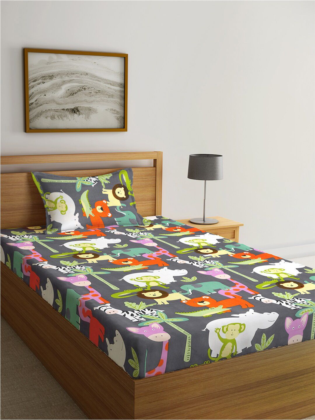 KLOTTHE Polycotton Haiwan Kelabu 300 TC Dilengkapi Cadar Single Halus dengan Sarung Bantal-225 x 150 cm