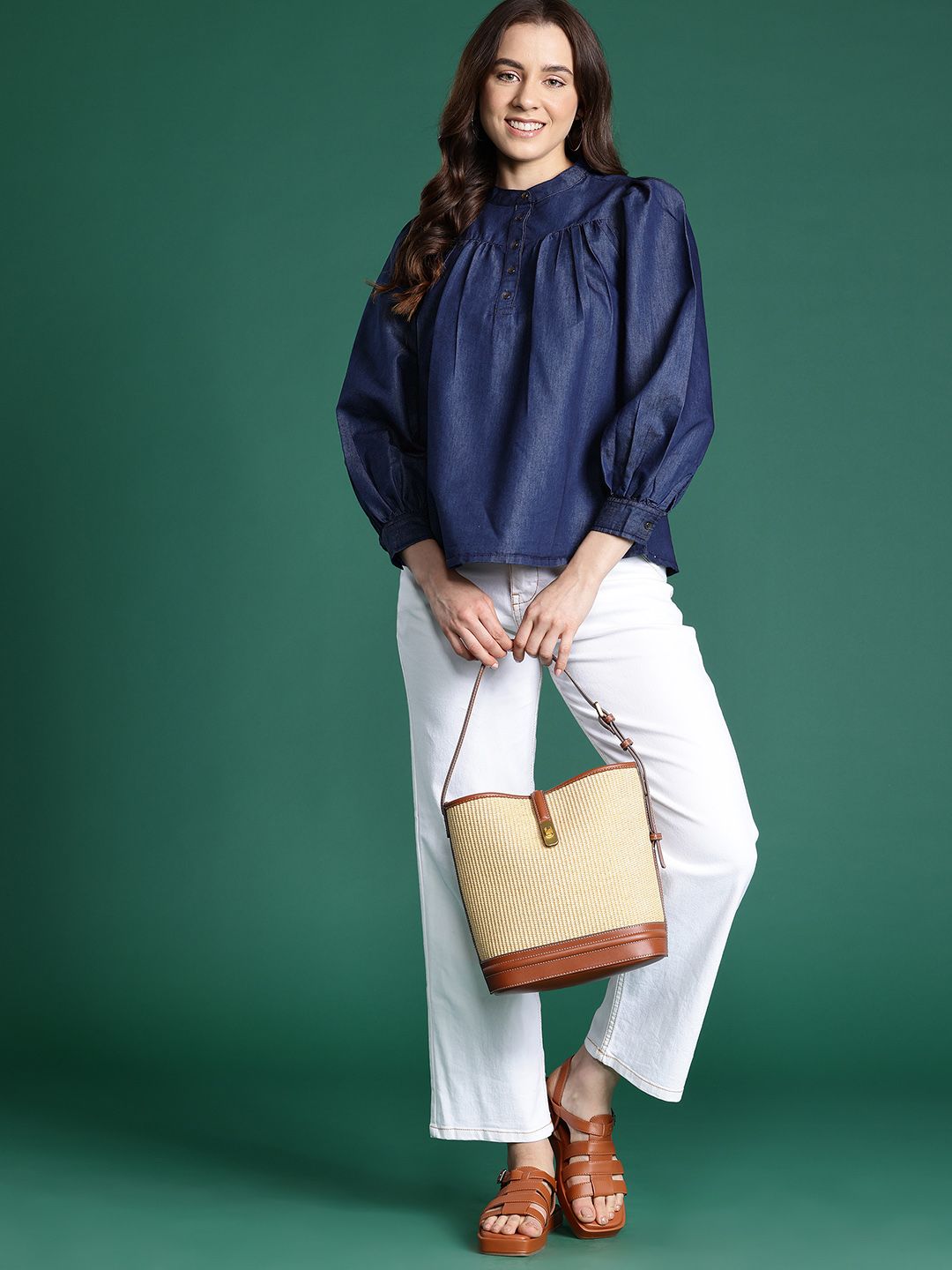 DressBerry Mandarin Collar Chambray Top
