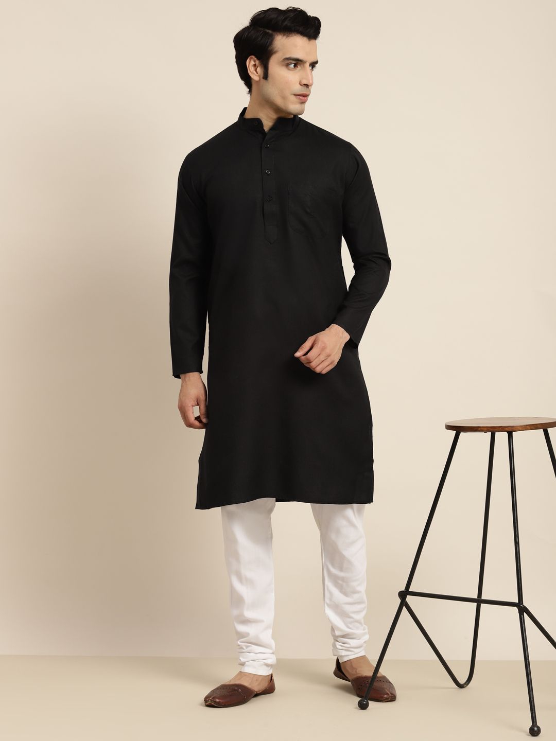 Anug by SOJANYA Men Black Dobby Band Collar Kurta