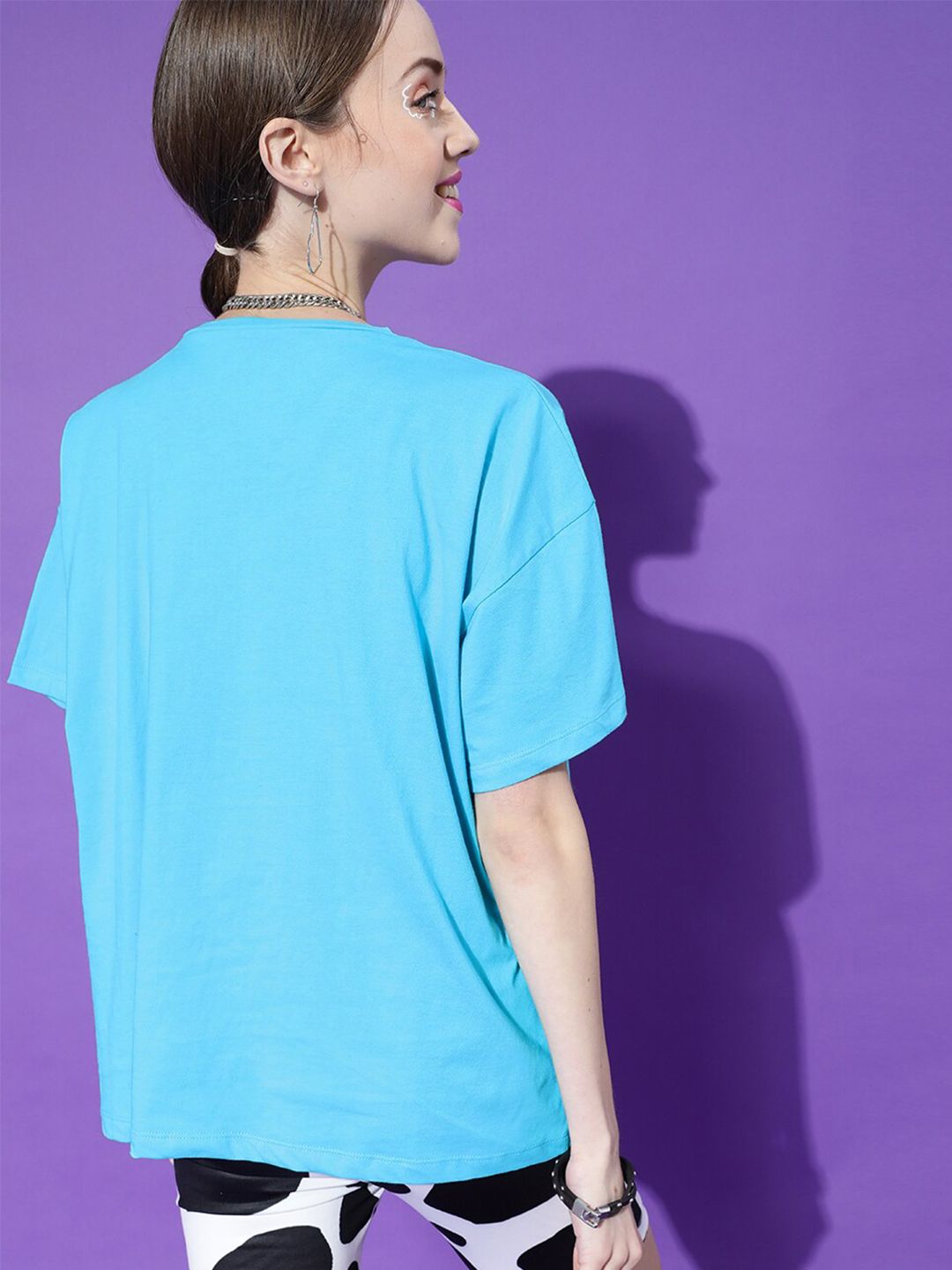 STREET 9 Women Turquoise Blue Printed Drop-Shoulder Pure Cotton T-shirt